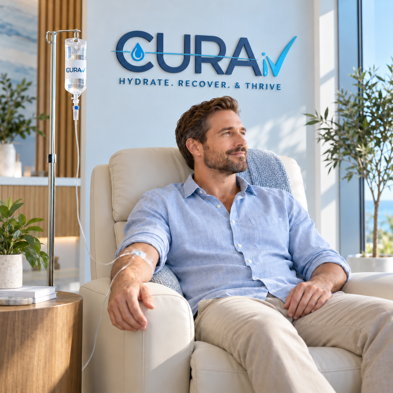 A client seated comfortably during an IV therapy appointment
